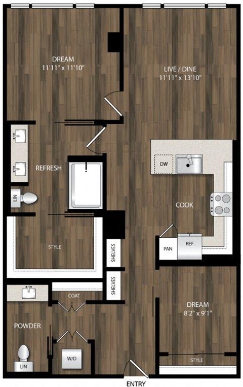 Floor plan for 2 beds, 1.5 baths, 976 sqft